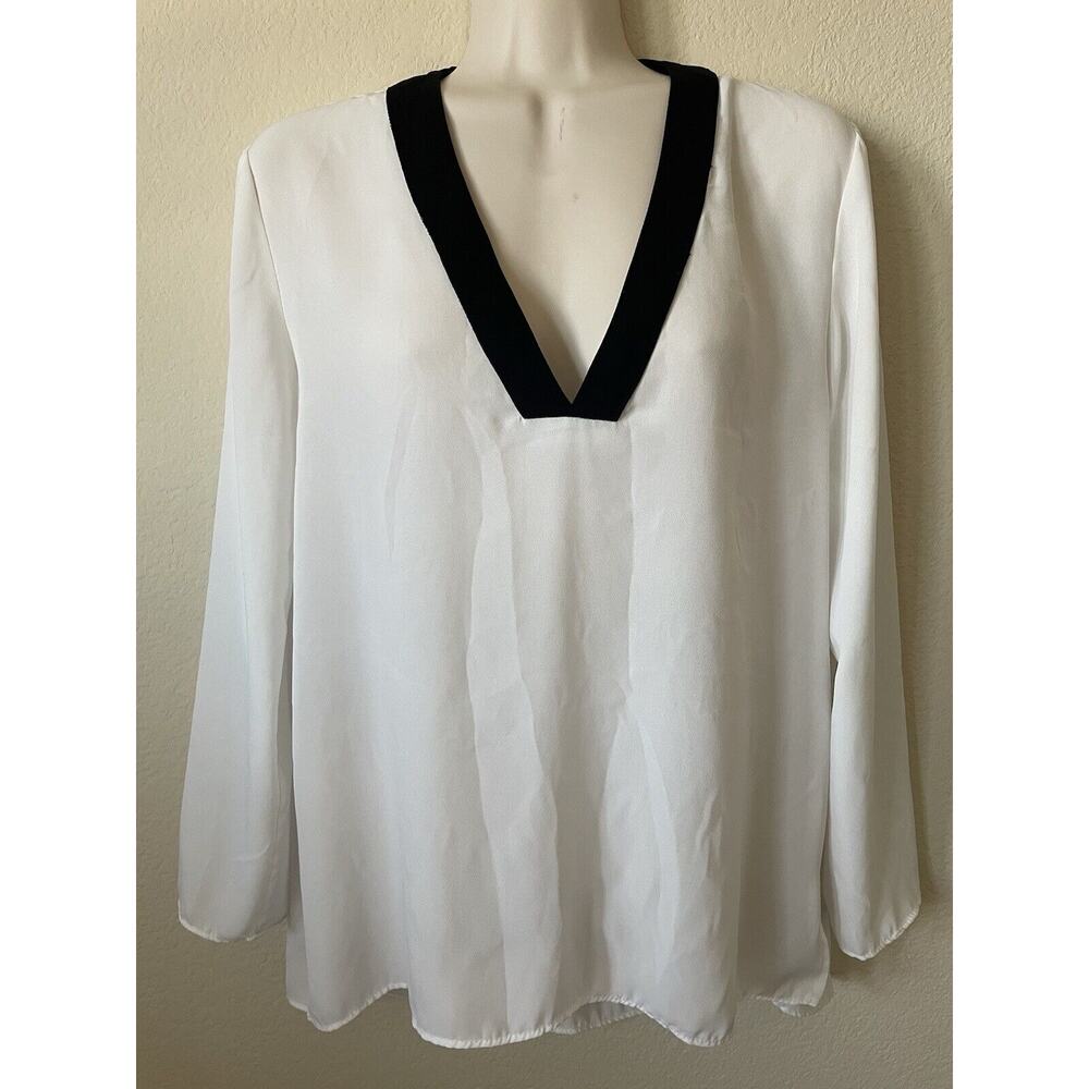 Harlowe & Graham White Black Trim V Neck Long Sleeve Women's Blouse Size S